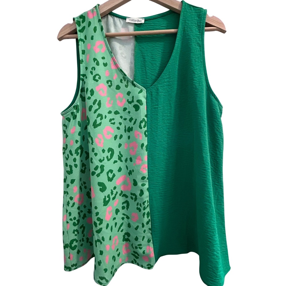 Cotton Bleu Women Green Leopard Heart Colorblock V-Neck Tank Top Medium